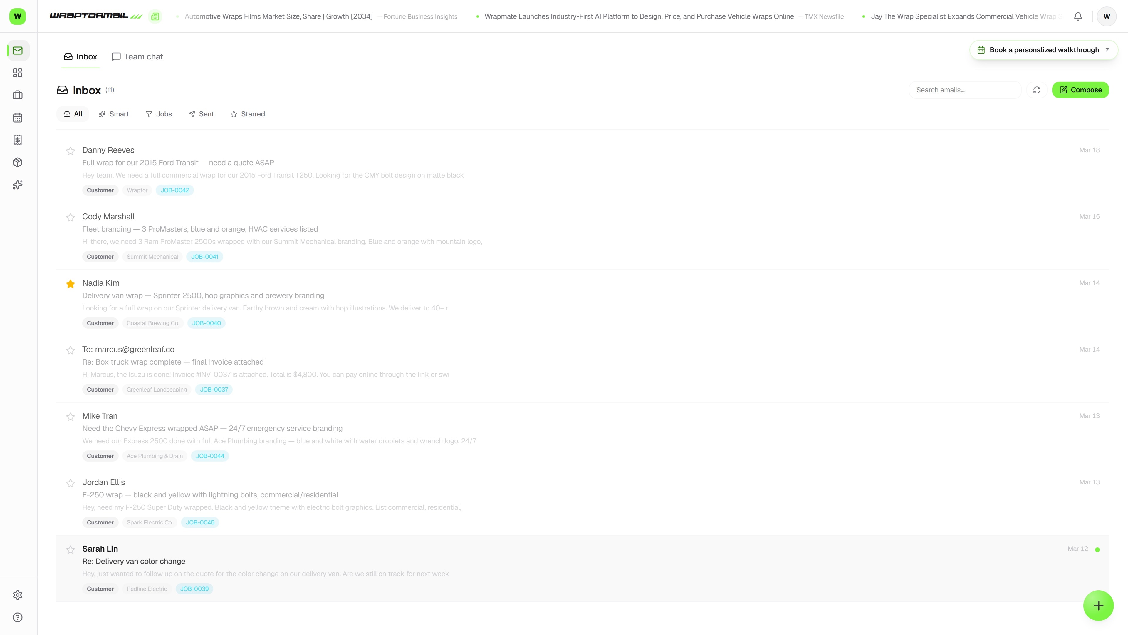 Customer wrap requests landing in the inbox, tagged and linked to jobs