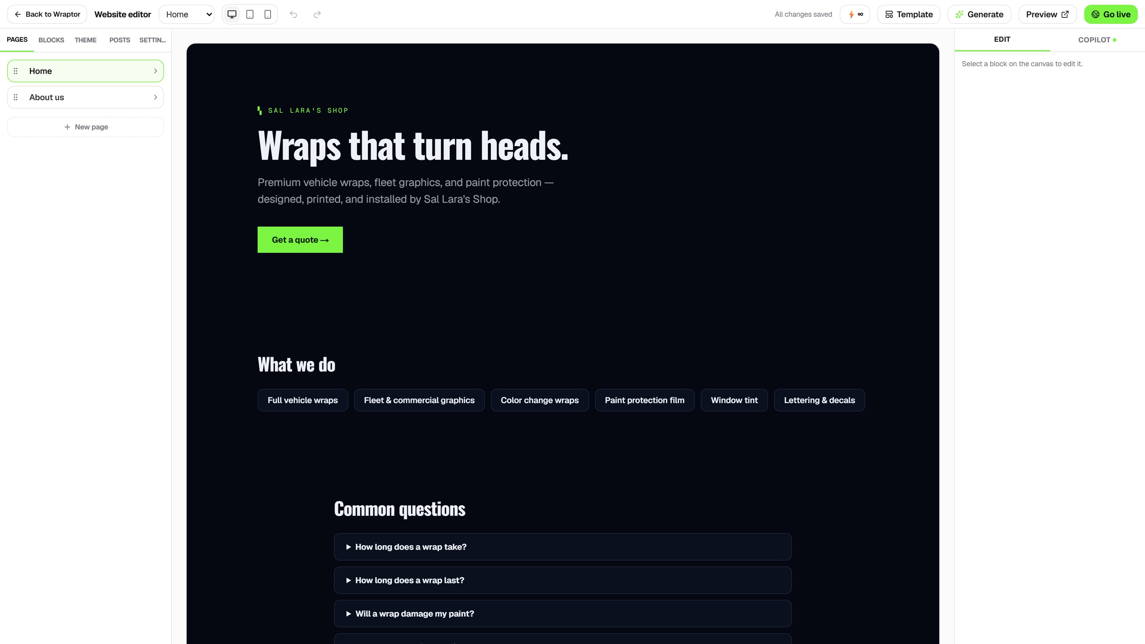 Website builder — the real Wraptor screen